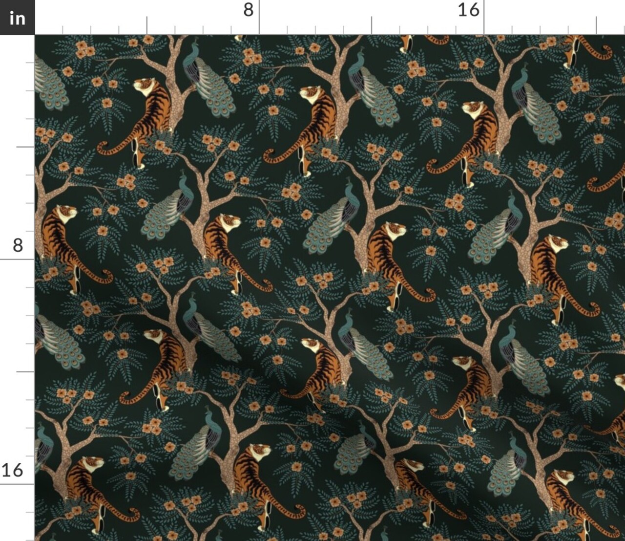 Tiger Peacock Small Scale Bird Asian Flowers Floral Chinese Tree Dark Custom Printed Fabric by Spoonflower Various Fabrics by the Yard or Fat Quarter